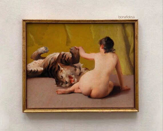 Classical Oil Painting Woman Playing with Tiger Vintage Figurative Art Poster