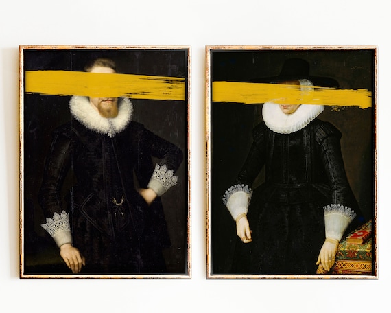 Pair of Altered Baroque Portraits with Gold Paint Stroke Eyes Set Poster