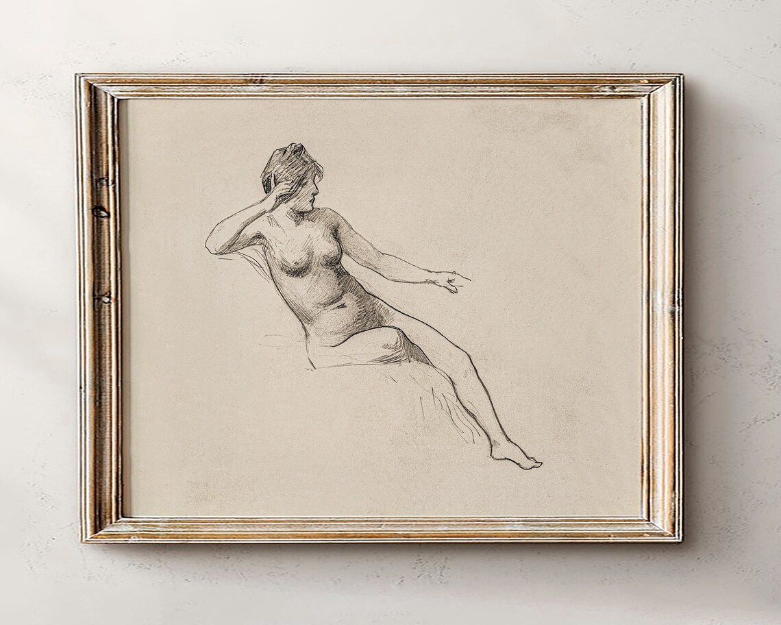 Nude Vintage Sketch Female Figure Drawing Art Print