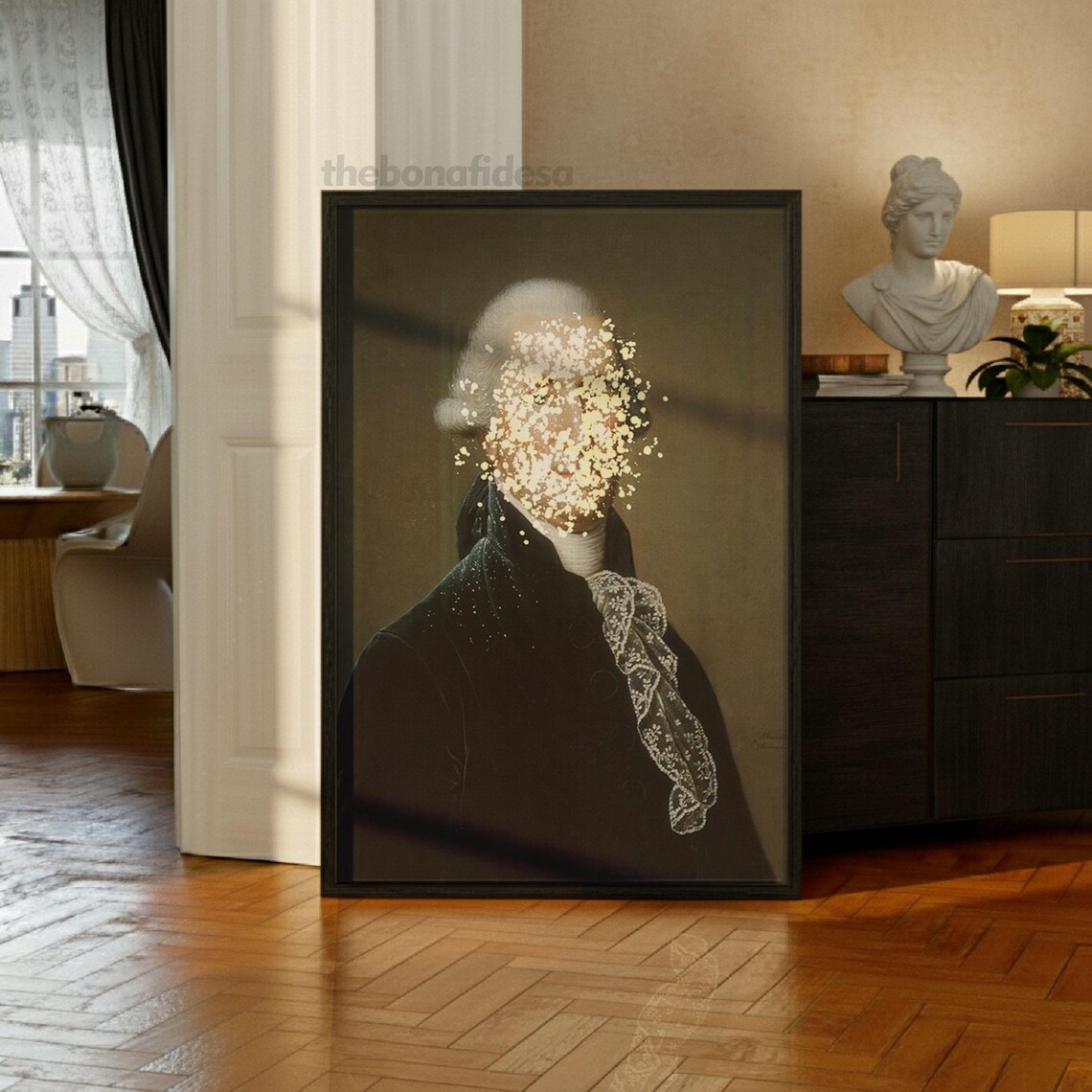 Altered Portrait of Powdered Wig Gentleman With Blooming Flower Face Surreal Wall Art