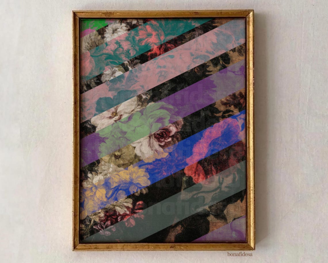 Diagonal Striped Floral Abstract Vintage Botanical Maximalist Poster