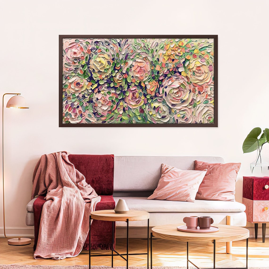 Vibrant Impasto Pink Roses Thick Texture Floral Garden Art Poster - Image 4