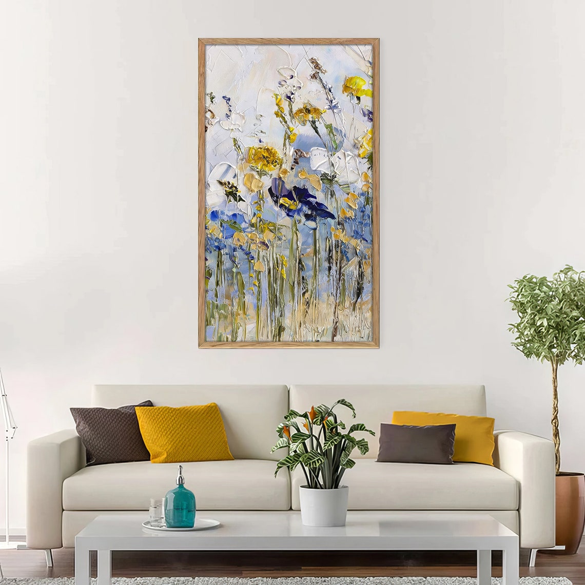 Vertical Yellow Blue Abstract Wildflowers Impasto Oil Painting Print - Image 3