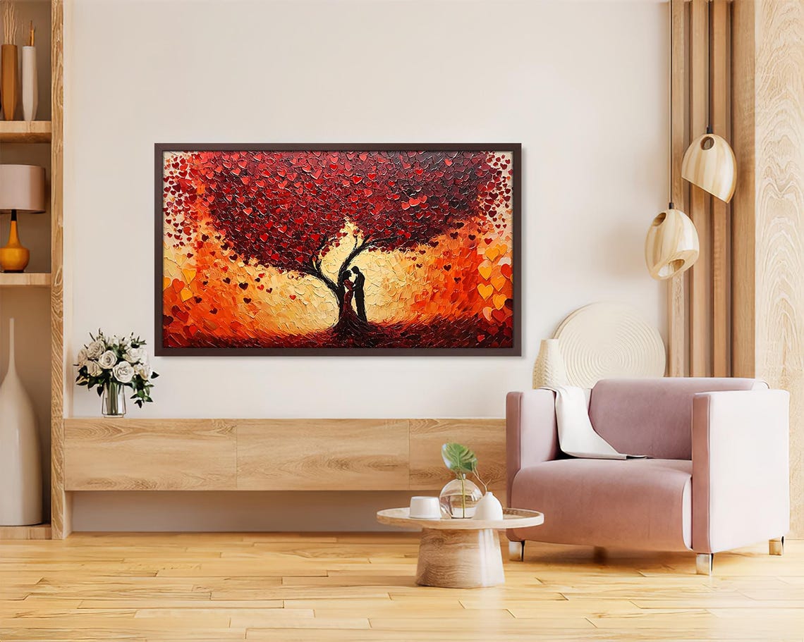 Kissing Couple Under Heart Tree Sunset Impasto Romantic Love Poster - Image 4