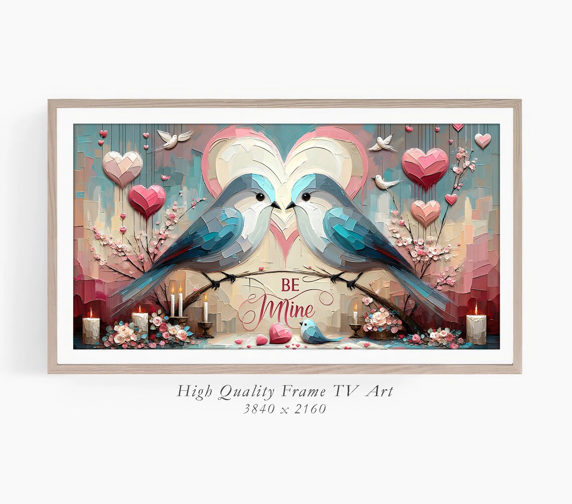 Blue Lovebirds With Heart Valentine Romance Textured Art Love Poster - Image 3