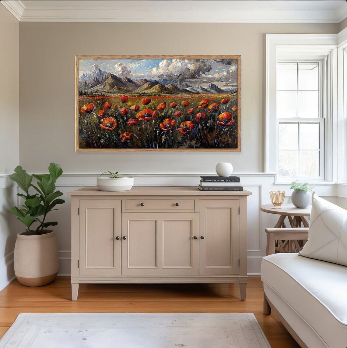 Red Poppy Field Mountains Dramatic Sky Vintage Oil Painting Art Print - Image 4