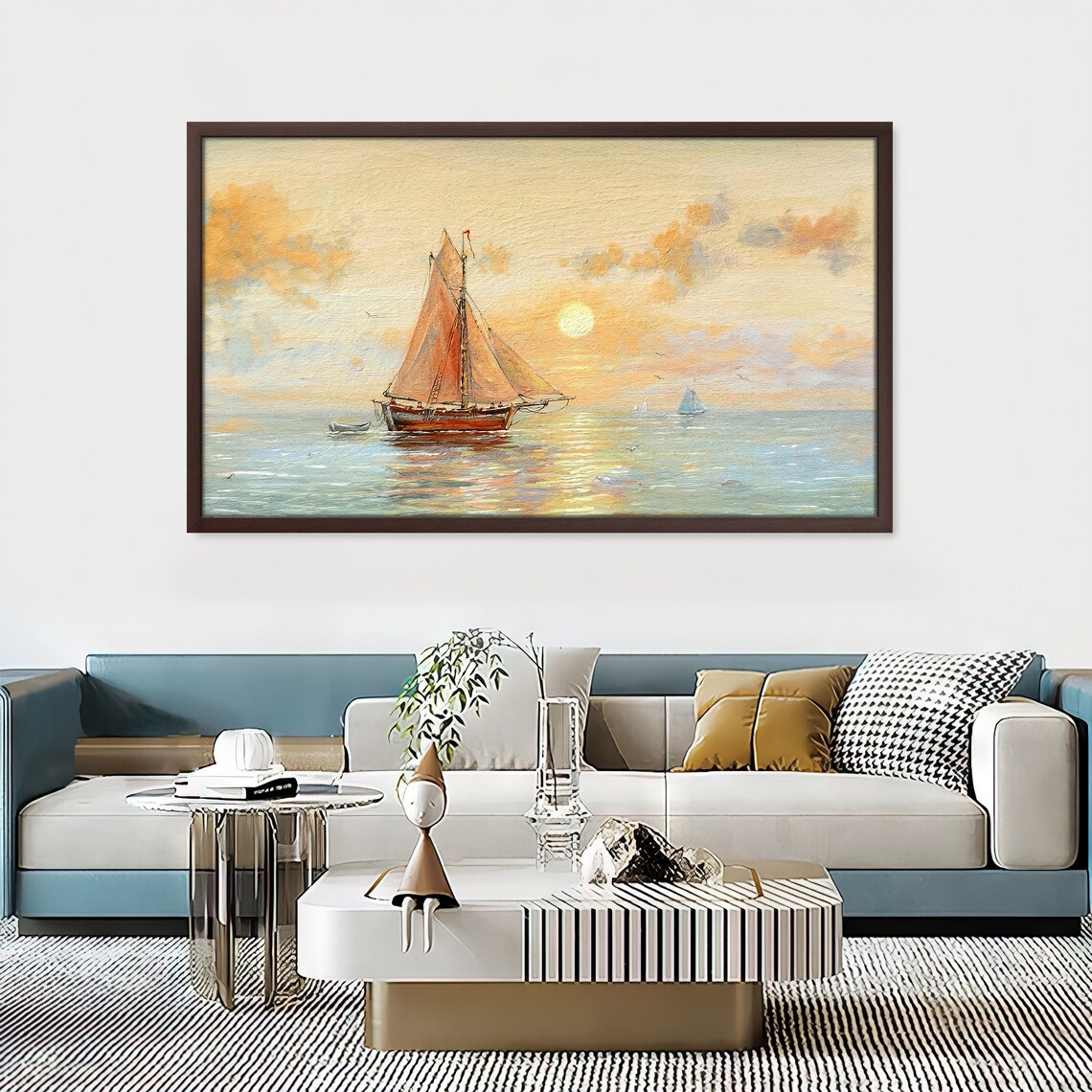 Vintage Sailboat Ocean Sunset Golden Sea Sailing Ship Oil Art Poster - Image 4