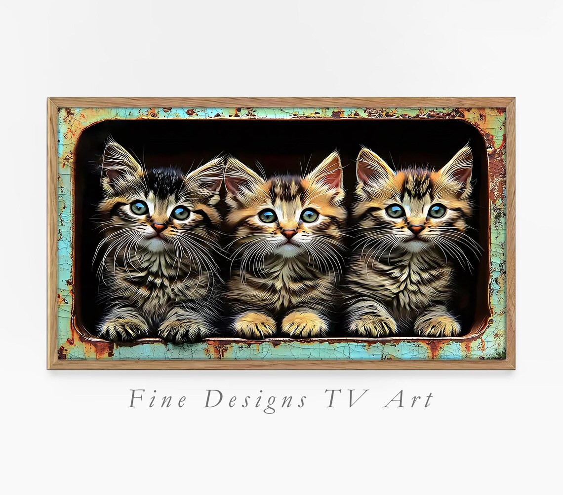 Adorable Tabby Kittens Peek Trio Rustic Vintage Cat Art Poster