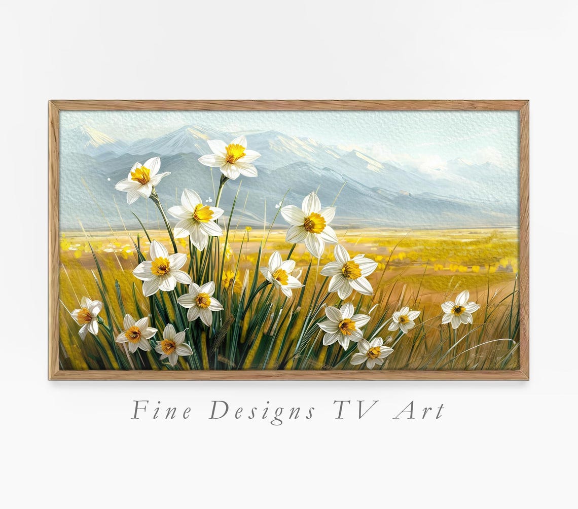 Frame Tv Art Spring Daffodil Meadow Mountain Landscape Impressionist Painting Peaceful Landscape
