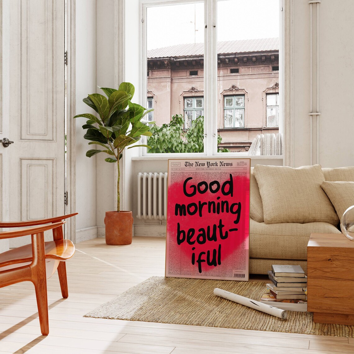 Good Morning Beautiful Sweet Pink Newspaper Typography Quote Poster - Image 3