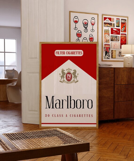 Retro Bar Cart Art Red Wall Marlboro Print Typography Trendy Vintage Poster
