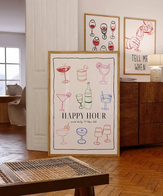 Happy Hour Served Daily Hand Drawn Cocktail Doodle Art Poster