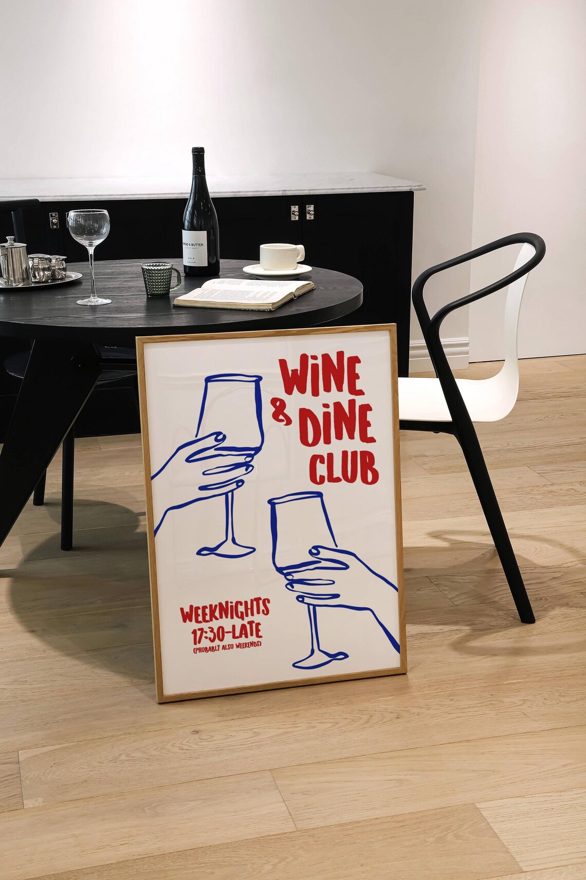 Wine and Dine Club Fun Modern Kitchen Line Art Bar Cart Poster - Image 2