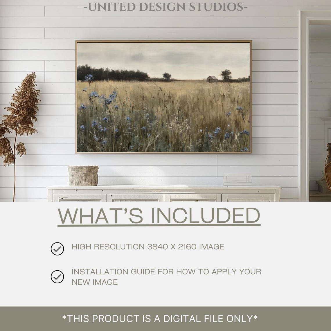 Rustic Fall Field Blue Wildflowers Barn Vintage Landscape Art Print - Image 2