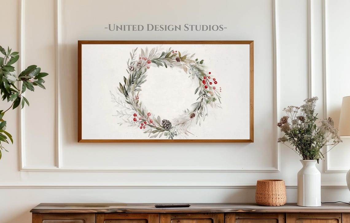 Watercolor Christmas Wreath Greenery Red Berries Holiday Art Poster - Image 3