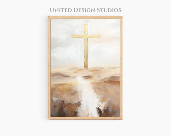 Gold Cross Abstract Beige Christian Faith Minimalist Wall Art Poster