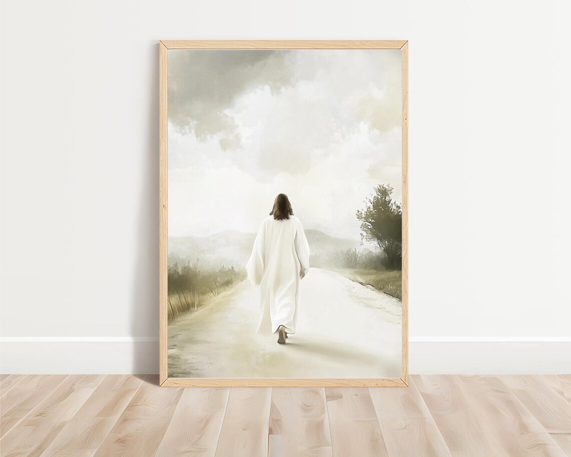 Jesus Walking Misty Country Road White Robe Soft Christian Watercolor Poster - Image 3
