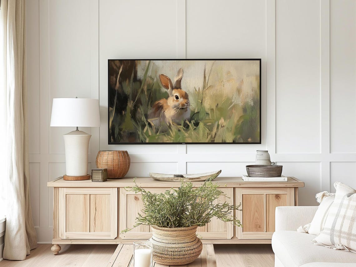 Bunny in Spring Grass Easter Rabbit Oil Painting Frame TV Art Poster - Image 2
