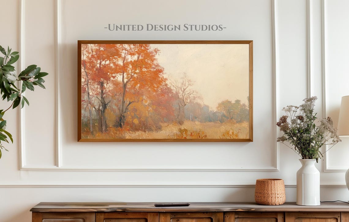 Warm Autumn Treeline Misty Orange Trees Soft Fall Frame TV Art Poster - Image 3