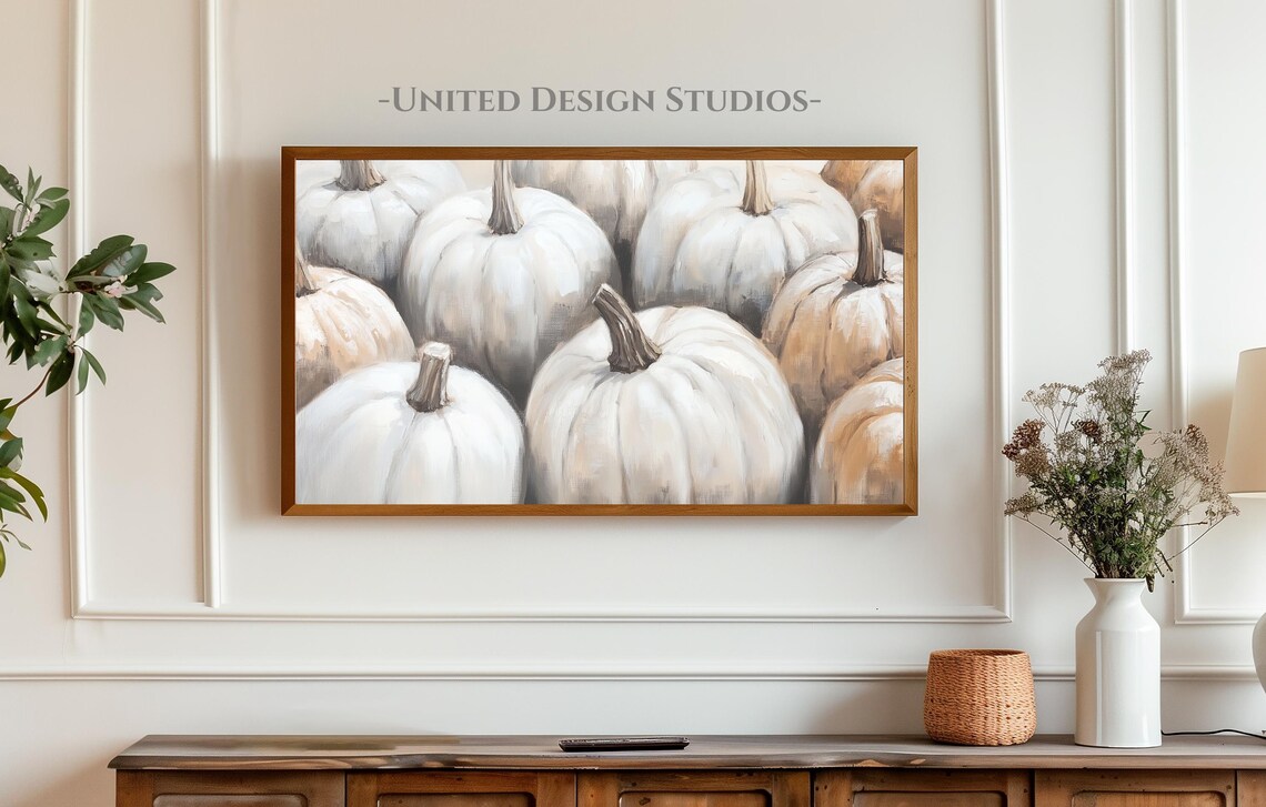 Cream White Pumpkins Harvest Still Life Neutral Fall Frame TV Art Poster - Image 3