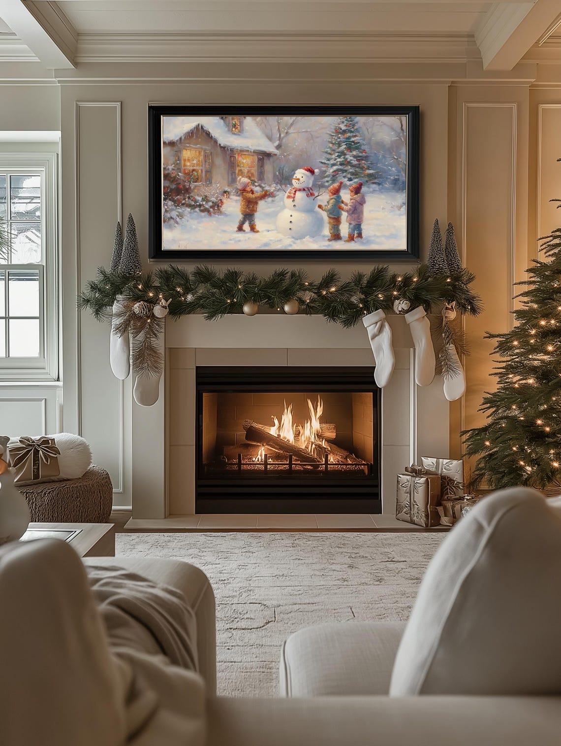 Kids Building Snowman Snowy Cottage Christmas Tree Winter Scene Poster - Image 2