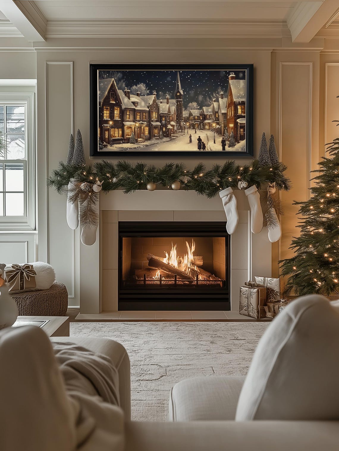 Christmas Village At Night Snowy Town Lights Holiday Wall Art - Image 3