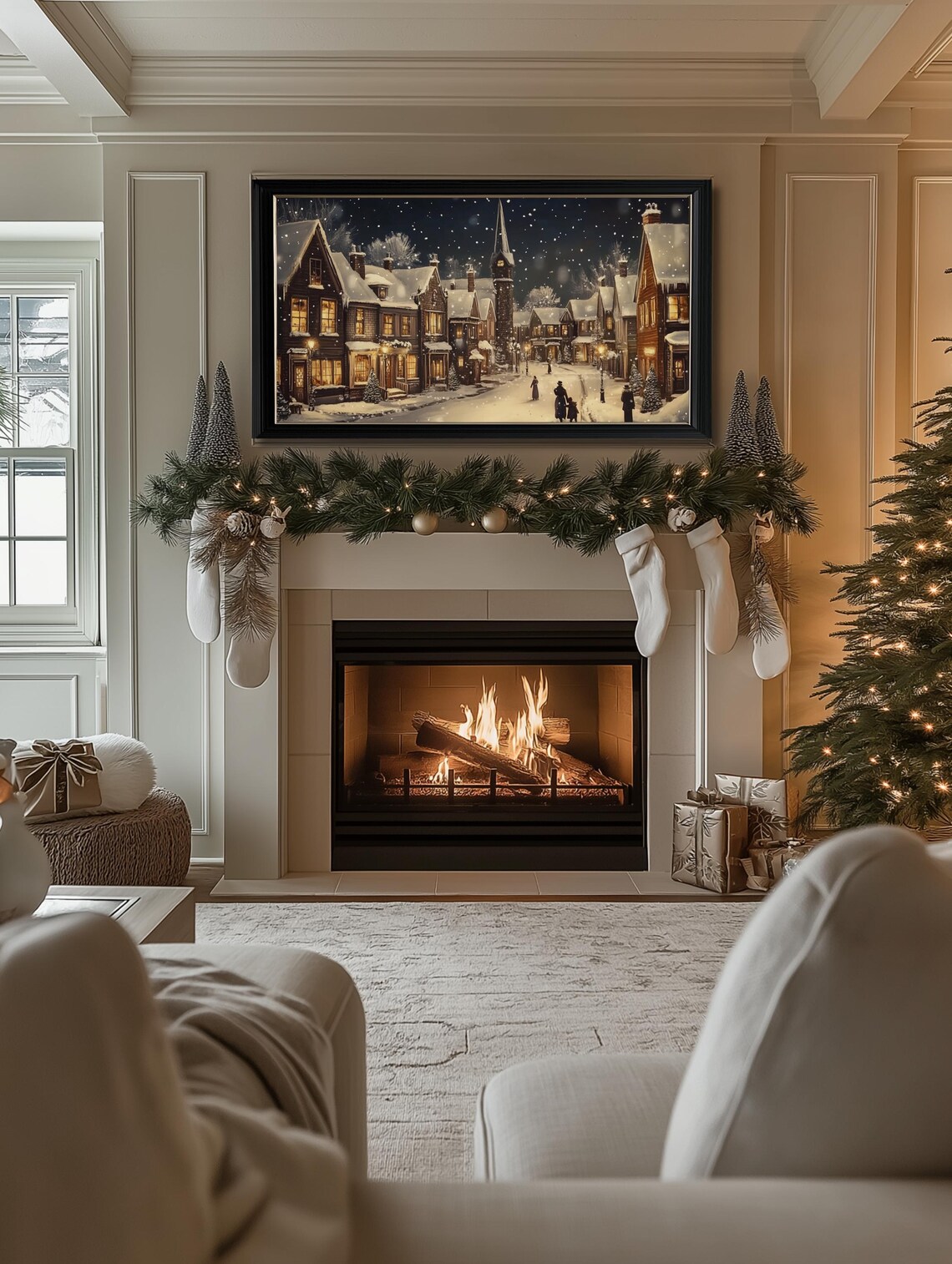 Christmas Winter Village Frame Tv Art Winter Night Frame Tv Art Neutral Holiday Winter Town Landscape Painting Christmas Frame Tv Art - Image 3