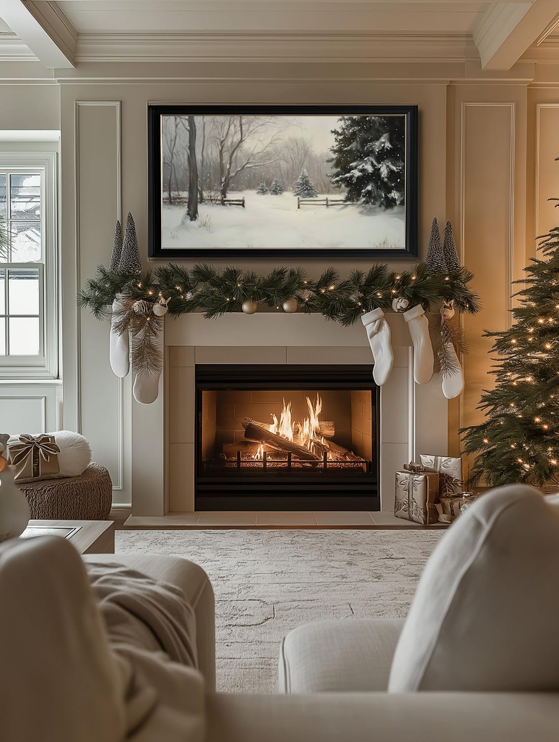 Frame Tv Winter Art Neutral Winter Christmas Country Landscape Painting Frame Tv Art Farmhouse Winter Christmas Landscape Tv Art - Image 2