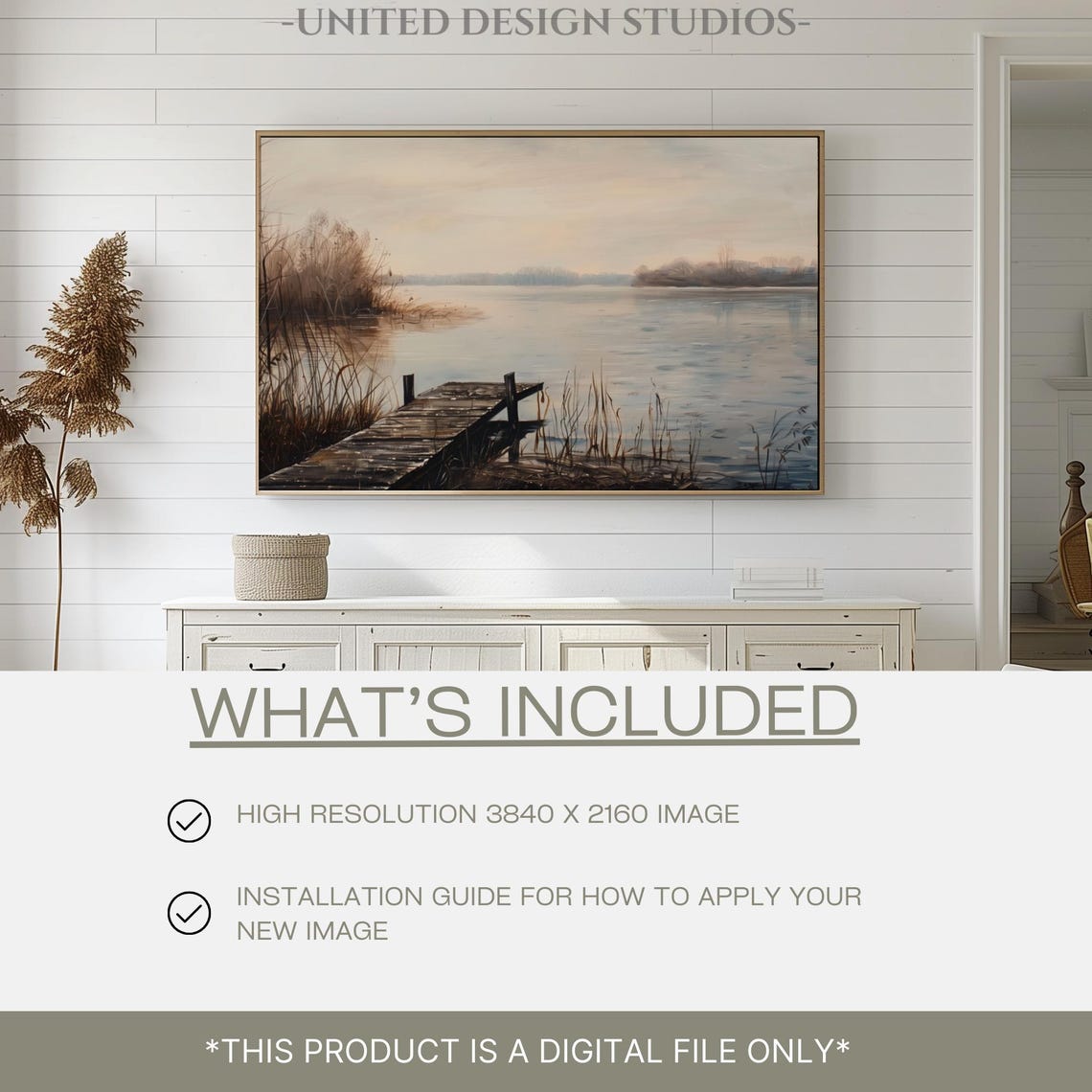 Serene Lake Wooden Dock Reeds Muted Landscape Painting Poster - Image 2