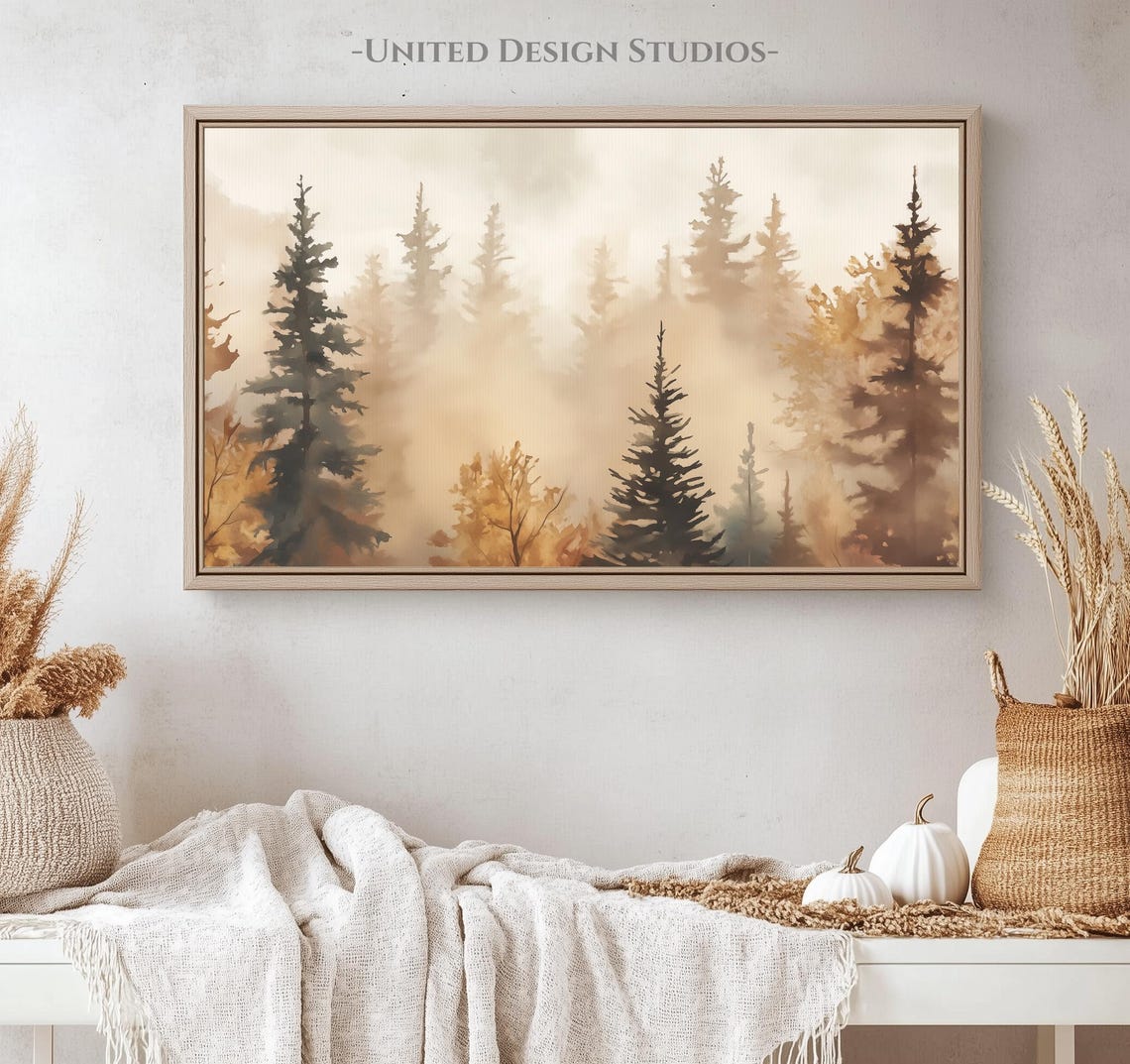 Misty Autumn Pine Forest Golden Fall Watercolor Landscape Poster - Image 5