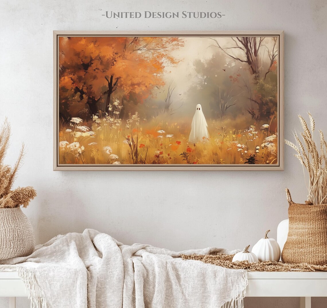 Cute Ghost Autumn Meadow Wildflowers Spooky Halloween Frame TV Art Poster - Image 4