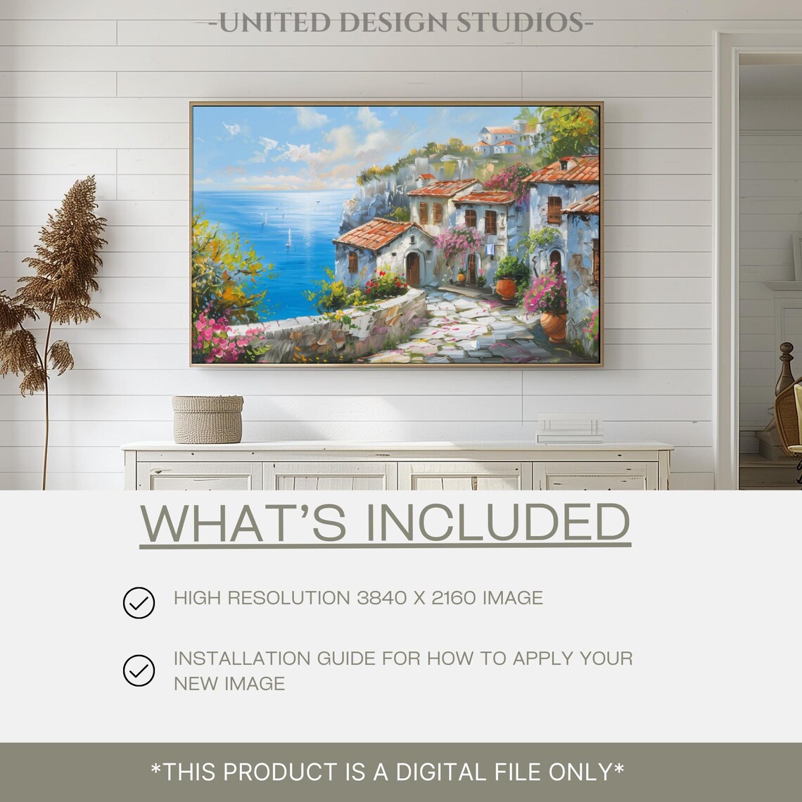 Mediterranean Coastal Village Painting Sea View Flowers Seaside Holiday Poster - Image 2