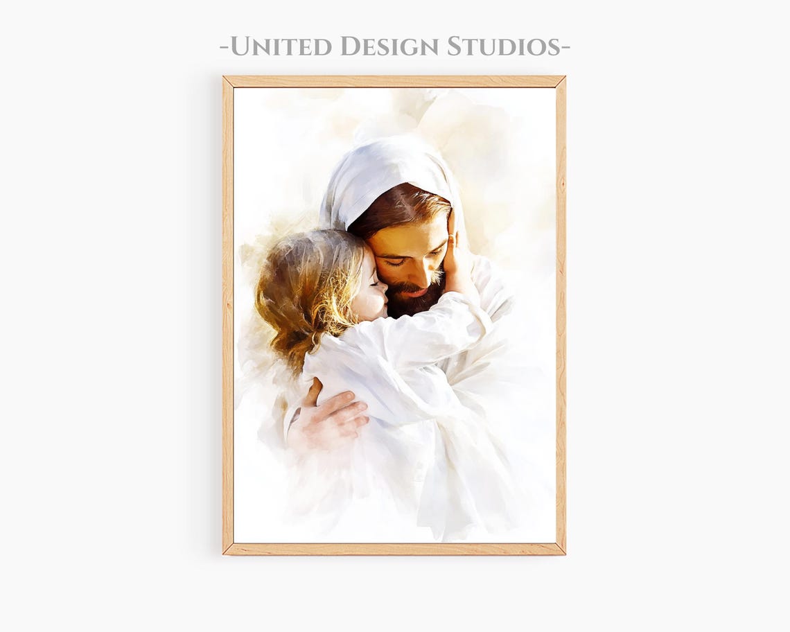 Jesus Embracing Child Tender Hug Watercolor Love Christian Art Poster