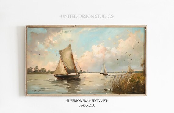Sailboat Coastal Seascape Painting Vintage Boats Sunset Harbor View Art Poster