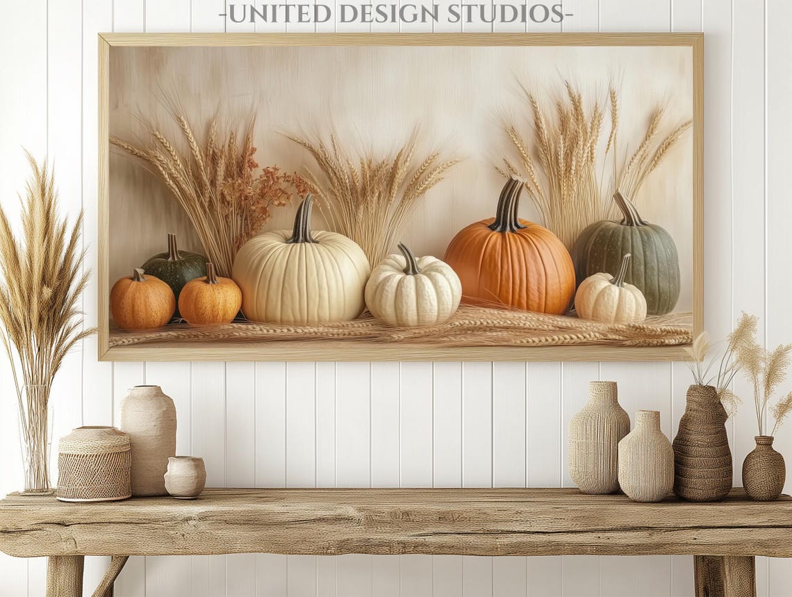 Neutral Pumpkins Wheat Stalks Fall Still Life Farmhouse Art Print - Image 2