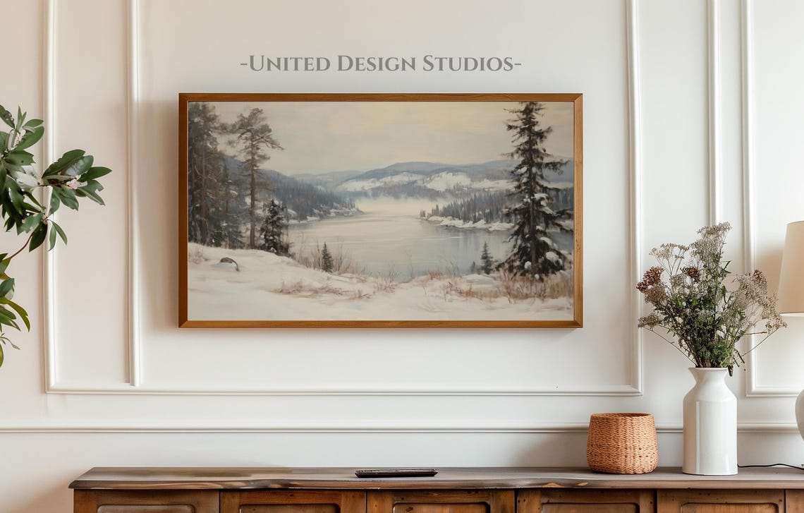 Snowy Winter Mountain Lake Painting Pine Forest Landscape Poster - Image 4