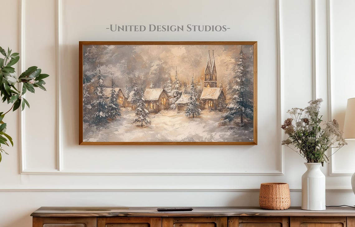 Winter Frame Tv Art Oil Painting Of Winter Christmas Town Frame Tv Art Classic Christmas Village Tv Art Christmas Frame Tv Art - Image 3