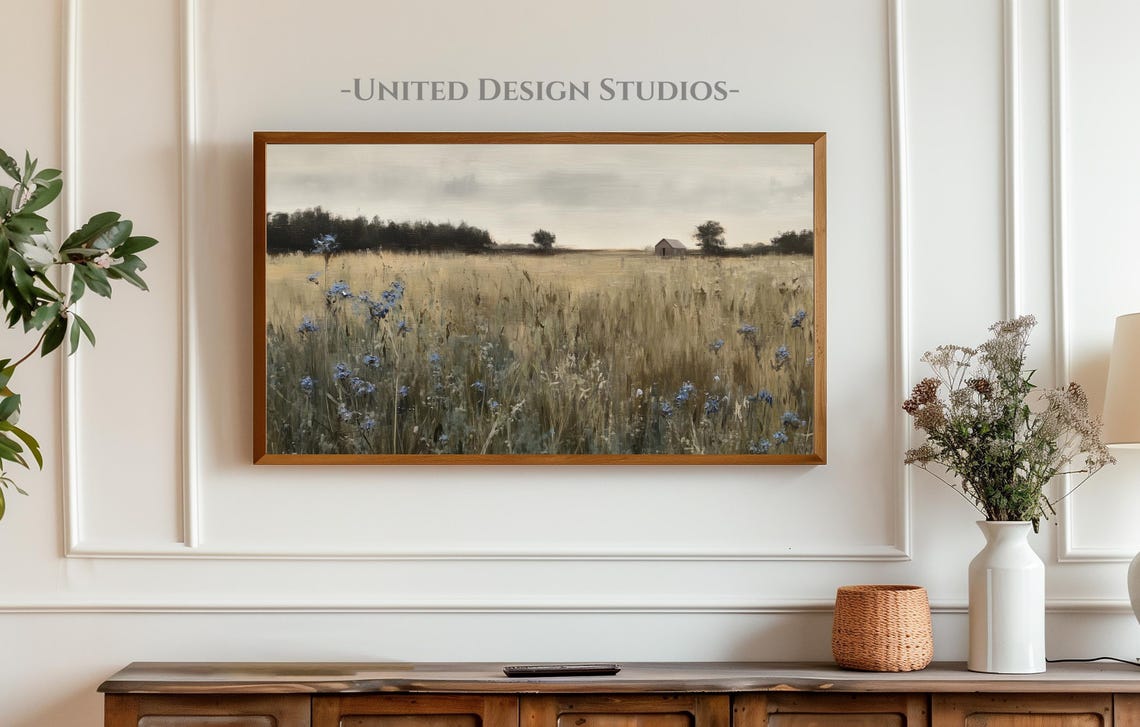 Rustic Fall Field Blue Wildflowers Barn Vintage Landscape Art Print - Image 4
