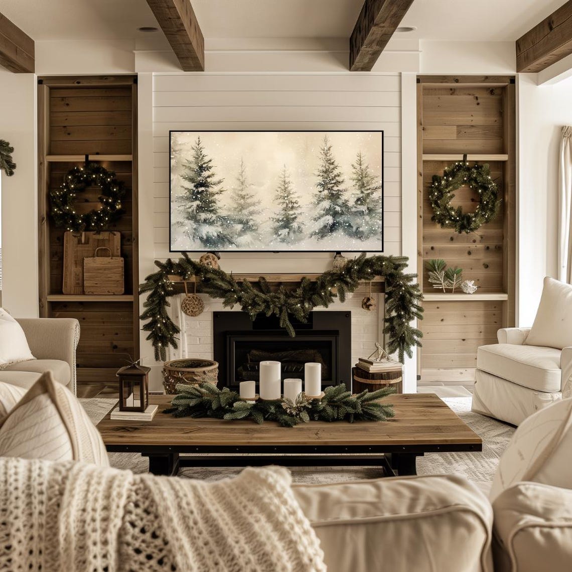 Snowy Evergreen Trees Watercolor Falling Snow Neutral Winter Poster - Image 4