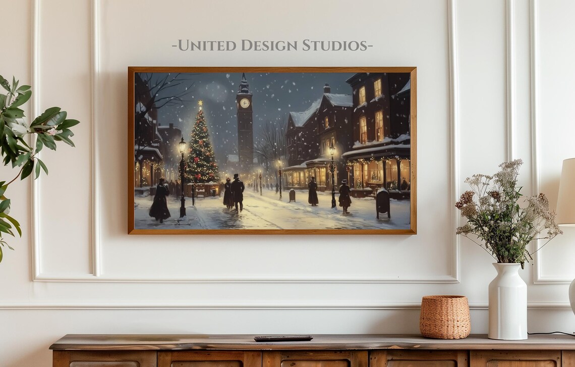 Snowy Winter Night City Christmas Art Print - Image 3