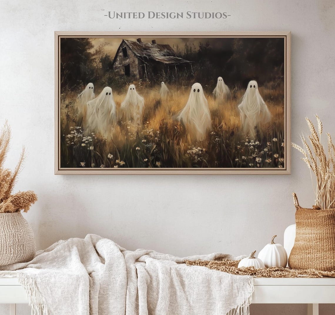 Spooky Ghosts In Moonlit Haunted Field Old House Halloween Wall Art - Image 5