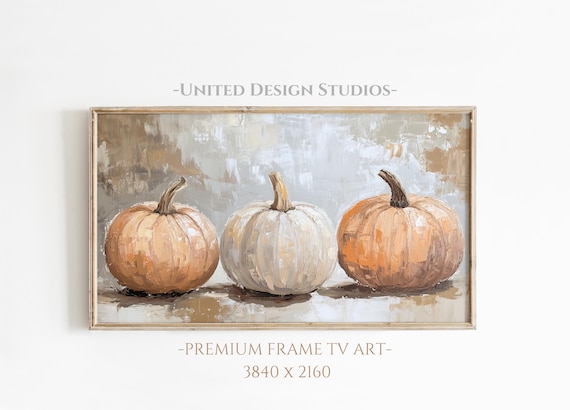 Pumpkin Trio Orange White Textured Oil Painting Rustic Fall Frame TV Poster