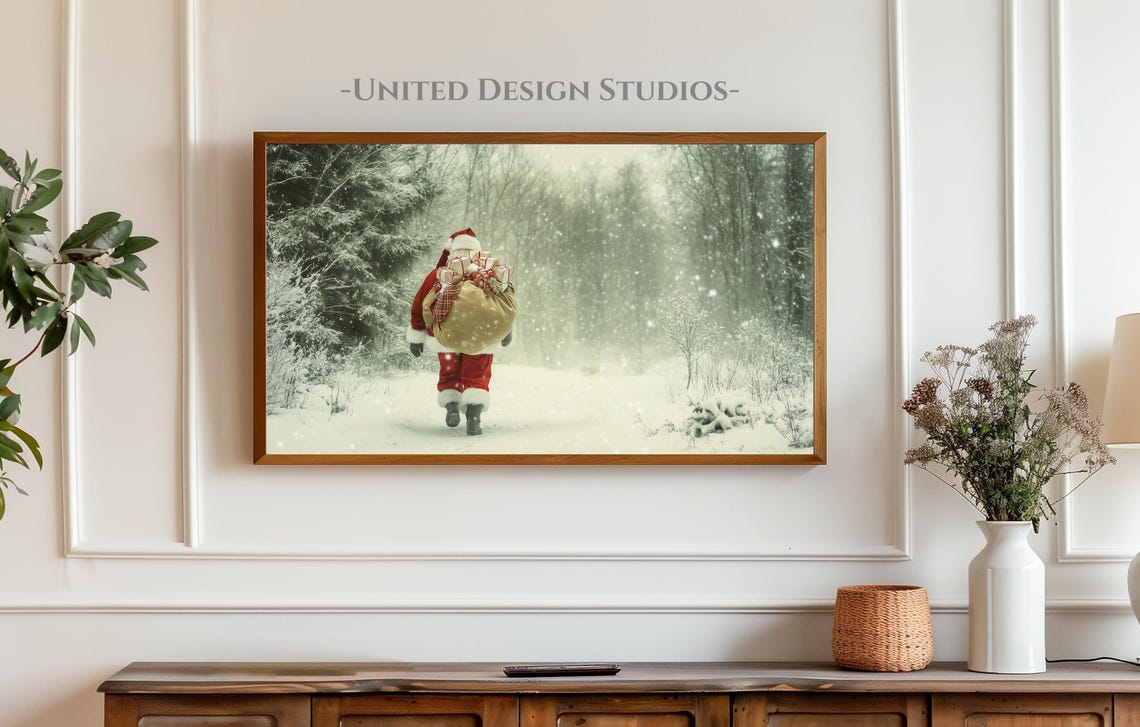 Santa Claus Walking Snowy Forest Gift Sack Vintage Christmas Poster - Image 3