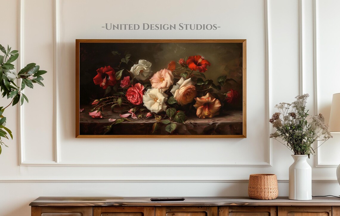 Pink White Roses Dark Background Vintage Oil Painting Poster - Image 4
