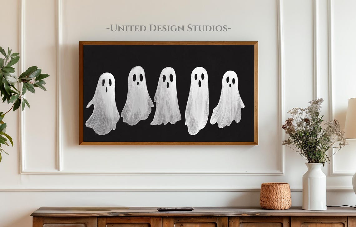Five White Ghosts Black Background Minimalist Cute Halloween Poster - Image 3