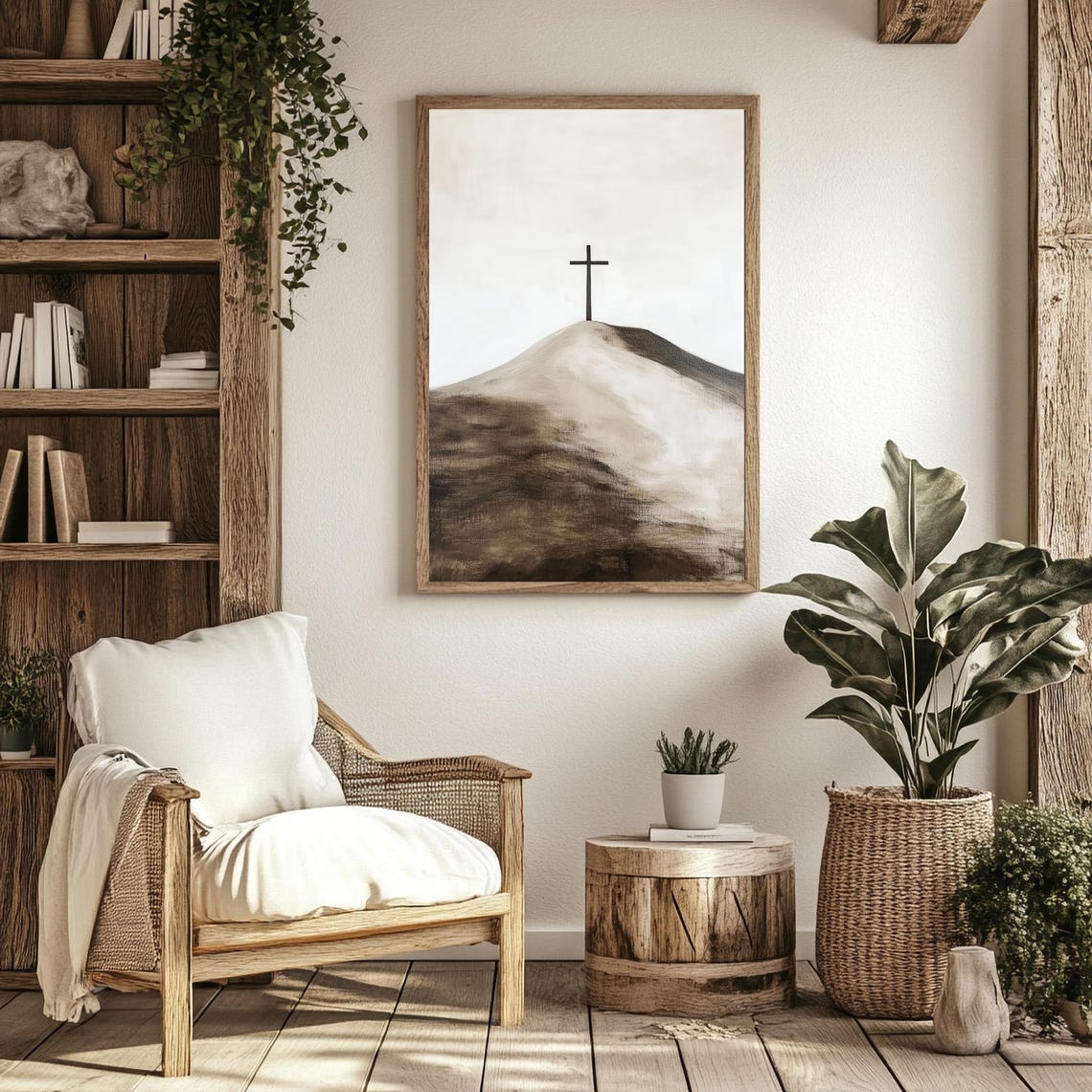 Dark Cross On Hill Minimalist Neutral Christian Faith Wall Art Poster - Image 2