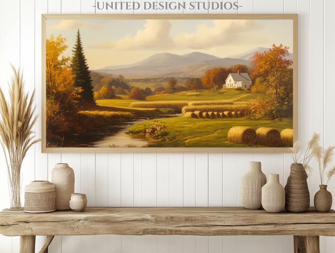 Fall Farm Hay Bales White Farmhouse Stream Autumn Valley Scene Poster - Image 2