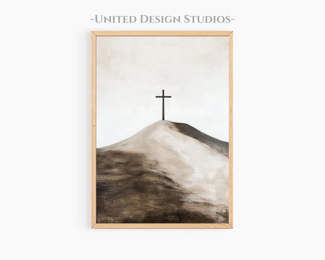 Dark Cross On Hill Minimalist Neutral Christian Faith Wall Art Poster