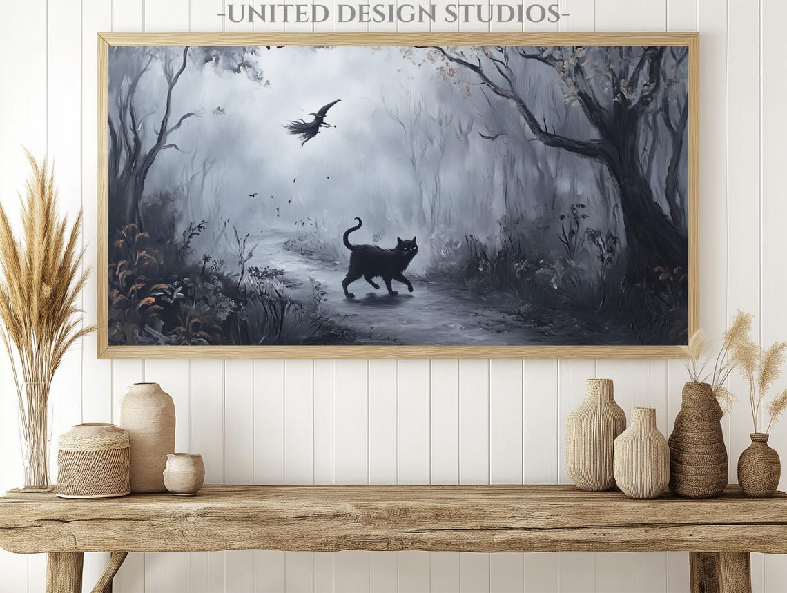 Spooky Halloween Black Cat Misty Forest Witch Flying Vintage Poster - Image 2