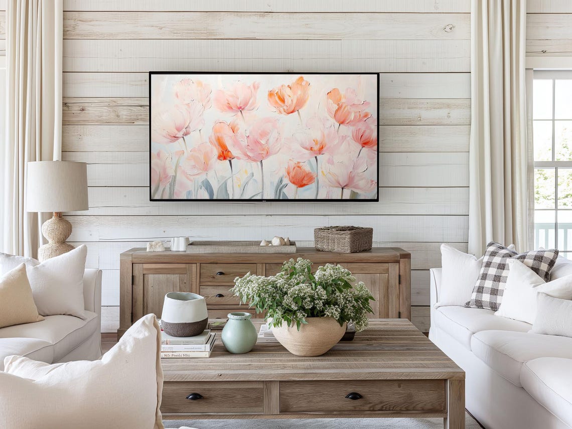Pink Coral Tulips Pastel Spring Flower Painting Frame TV Art Poster - Image 4